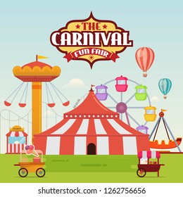 Amusement park with circus, carousels and roller coaster with carnival fun fair text. vector illustration