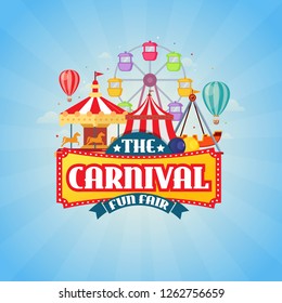 Amusement park with circus, carousels and roller coaster with carnival fun fair text. vector illustration