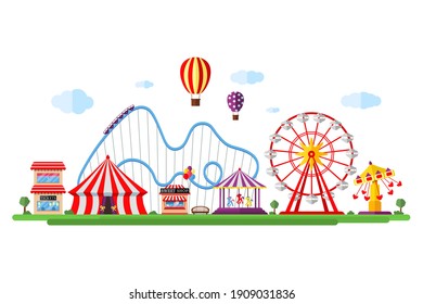 Amusement park with circus carousels roller coaster and attractions. Fun fair and carnival theme landscape. Ferris wheel and merry-go-round festival vector isolated illustration