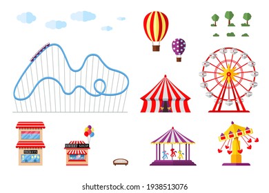 Parque de atracciones con la montaña rusa de los carouiscos circenses y conjunto de iconos de atracciones. Diversión feria y colección de objetos temáticos de carnaval. Rueda de la fortuna y vector de festival de movimiento de merry-round ilustración aislada