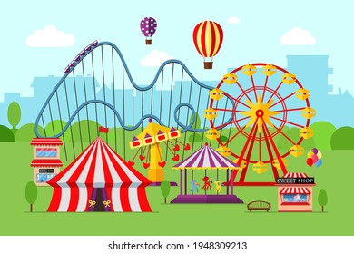 Amusement park with circus carousels roller coaster and attractions on city background. Fun fair and carnival theme landscape. Ferris wheel and merry-go-round festival vector illustration