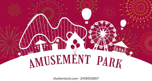 Amusement park circus, carousels, roller coaster, attractions silhouette on fireworks sparkles rays background. Carnival funfair horizontal banner with firework on red sky. Fun fair festival eps card