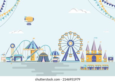 Amusement park with circus, carousels and slides. vector illustration.