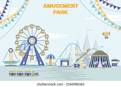 Amusement park with circus, carousels and slides. vector illustration.