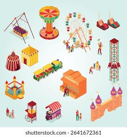 Amusement park with circus entertainments street food and attractions isometric flowchart illustration