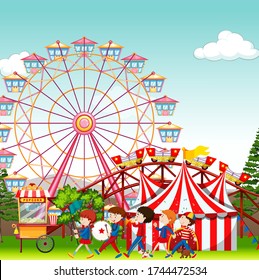 Amusement park with circus and ferris wheel  background illustration