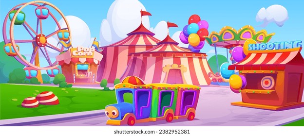 Parque de atracciones con circo y rueda de ferris. Dibujo vectorial de la feria divertida en el jardín público, coloridas carpas de chapiteau, puesto de palomitas de maíz, casa de tiro, carrusel, globos de aire, día de verano