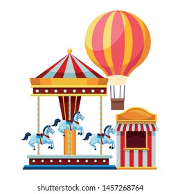amusement park and circus fun with carousel hot air balloon and fair shop isolated vector illustration graphic design