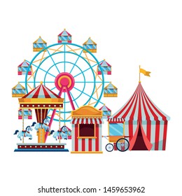 amusement park and circus fun and chicago wheel big top carousel fair shop isolated vector illustration graphic design