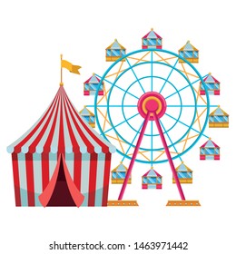 amusement park and circus fun and chicago wheel and big top isolated vector illustration graphic design