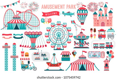 Amusement park, circus and fun fair theme set, with roller coasters, carousels, castle, air balloon. Vector illustration.