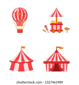 An amusement park with a circus, a tent, a big balloon and a carnival fun fair. Vector illustration on white isolated background.