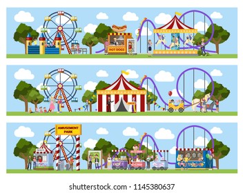 Amusement park with circus tent, carousels and clowns. Children and their parents have fun in the park. Urban summer landscape. Flat vector illustration