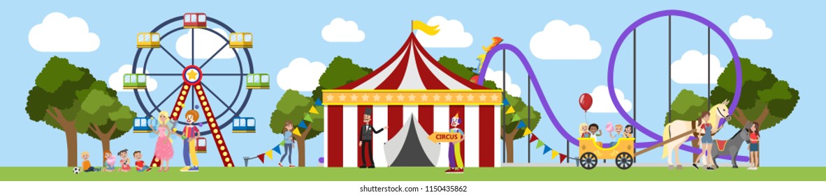Amusement park with circus tent, carousels and clowns. Children and their parents have fun in the park. Urban summer landscape. Flat vector illustration