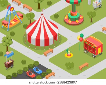 Amusement park and circus tent. Carousels and various swings, car rides, boat and balls. Mobile entertainments in city garden, isometric vector location