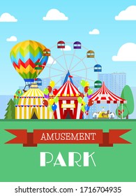 Amusement park and circus tent, ferris wheel flat vector illustration. Entertainment show, promotional invitation card. Spectacle children carousel awning design banner for website.