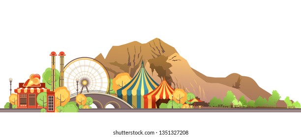 Amusement Park, circus tents on city landscape background, carnival vector horizontal illustration on white background isolated