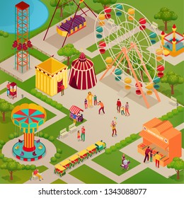 Amusement park with circus and various attractions street food adults and kids isometric vector illustration