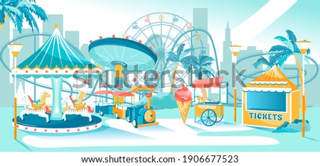 Amusement Park Cityscape with Attraction for Leisure. Carousel with Horses, Childrens Train, Ferris Wheel, Sweet Cold Ice Cream Parlor, Booth to Buy Ticket. Skyscraper and Building on Background Сток-фото © 