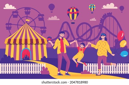 Amusement park color composition with outdoor landscape and silhouettes of amusement rides with parents and child vector illustration