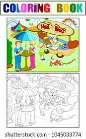 Amusement park color pages for children. Hot dog. Food Truck vector illustration. Color, black and white