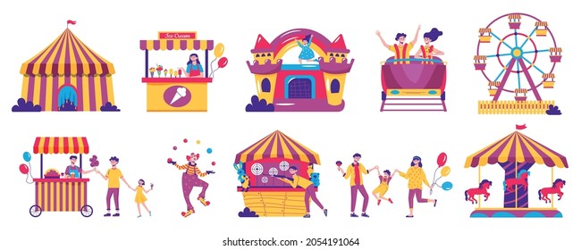 Amusement park color set with isolated images of big top trampoline food stalls visitors and workers vector illustration