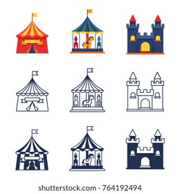 Amusement park color tents circus carnival icons collection. Vector illustration