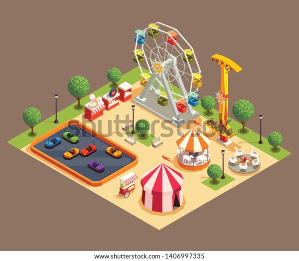 Amusement park colorful\
composition with circus and various attractions 3d isometric vector\
illustration