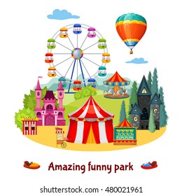 Amusement park colorful composition with extreme and adventure entertainments on natural landscape background vector illustration