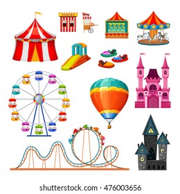 Amusement park colorful objects set of extreme attractions circus tent ticket and food stalls isolated vector illustration