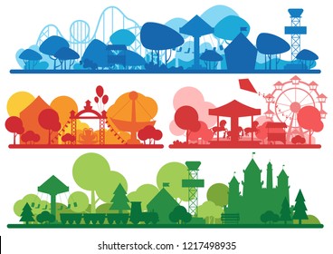 Amusement park colorful silhouette horizontal banner set.