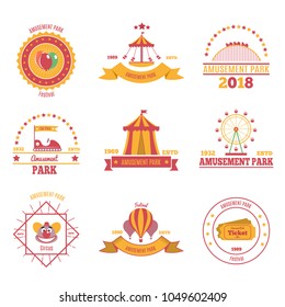 Amusement park colourful emblems set of nine flat compositions with pavilion aerostat and fairground attraction images vector illustration