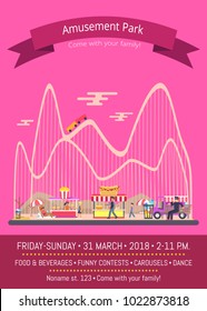 Amusement park, come with your family, pink promotional poster with rides and people, tent with benches, information isolated on vector illustration