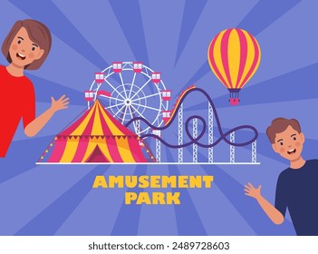 Komposition des Freizeitparks mit Zirkus, Achterbahn und Riesenrad. Glückliche Kinder, die Spaß haben. Poster Banner Vorlage für Vergnügungspark Werbung. Vektorillustration
