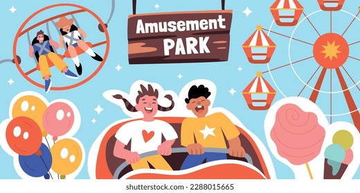 Amusement park composition with collage of flat images signboard with text and teenagers taking amusement rides vector illustration