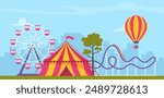 Amusement park composition with outdoor scenery and view of circus, rollercoaster and ferris wheel. Vector illustration