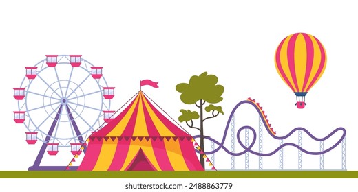 Amusement park composition with outdoor scenery and view of circus, rollercoaster and ferris wheel. Vector illustration