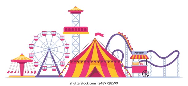 Amusement park composition with outdoor scenery and view of circus, rollercoaster and ferris wheel. Vector illustration