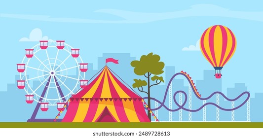 Amusement park composition with outdoor scenery and view of circus, rollercoaster and ferris wheel. Vector illustration