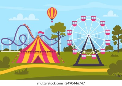 Amusement park composition with outdoor scenery and view of circus, rollercoaster and ferris wheel. Vector illustration