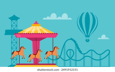 Amusement park composition with outdoor scenery and view of Carousel merry go round with horses, rollercoaster and ferris wheel. Vector illustration