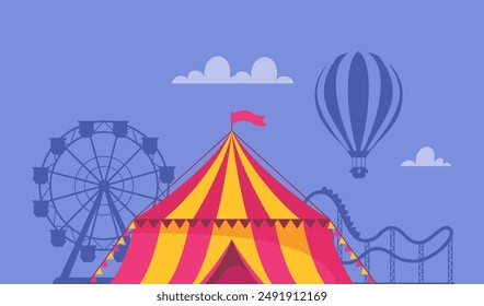 Composición del parque de atracciones con paisaje al aire libre y vista de circo, montaña rusa y rueda de la fortuna. Ilustración vectorial