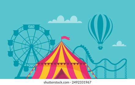 Amusement park composition with outdoor scenery and view of circus, rollercoaster and ferris wheel. Vector illustration