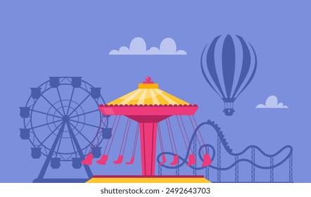 Amusement park composition with outdoor scenery and view of carousel, rollercoaster and ferris wheel. Vector illustration