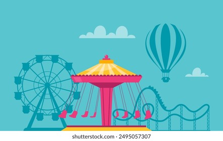 Amusement park composition with outdoor scenery and view of carousel, rollercoaster and ferris wheel. Vector illustration