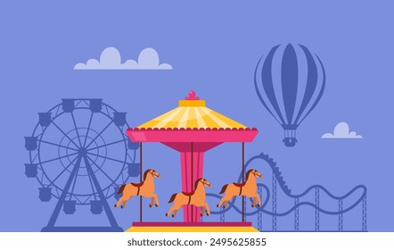 Amusement park composition with outdoor scenery and view of Carousel merry go round with horses, rollercoaster and ferris wheel. Vector illustration