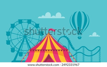 Amusement park composition with outdoor scenery and view of circus, rollercoaster and ferris wheel. Vector illustration