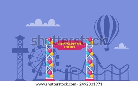 Amusement park composition with outdoor scenery and view of entrance gate, rollercoaster and ferris wheel. Vector illustration