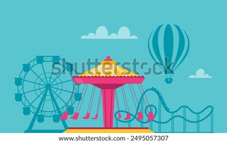 Amusement park composition with outdoor scenery and view of carousel, rollercoaster and ferris wheel. Vector illustration