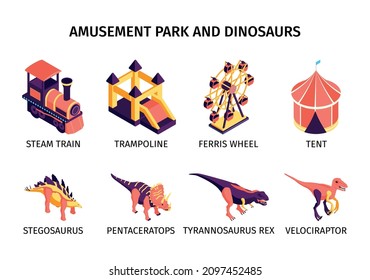 Amusement park compositions set with dinosaurs and steam train isometric isolated vector illustration